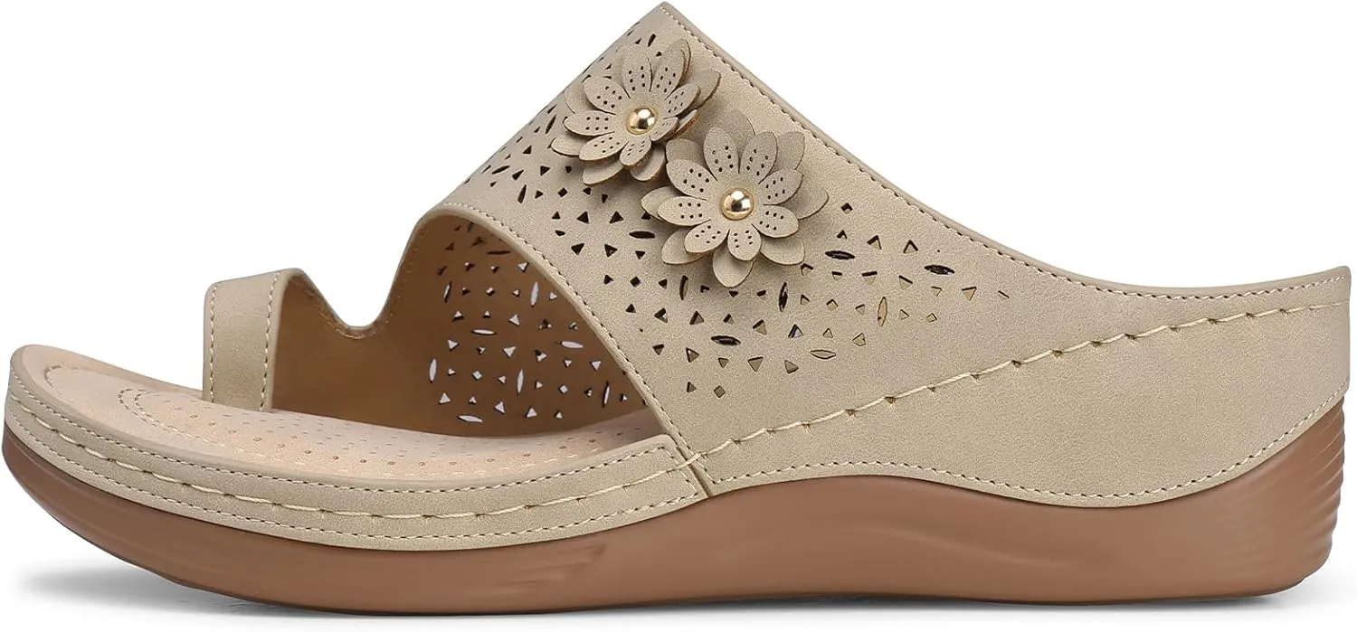 TEMOFON Flip Flops for Women Dressy: Comfortable Sandals for Women - Walking Summer Slip On Casual Bohemian Flower Thong Sandal