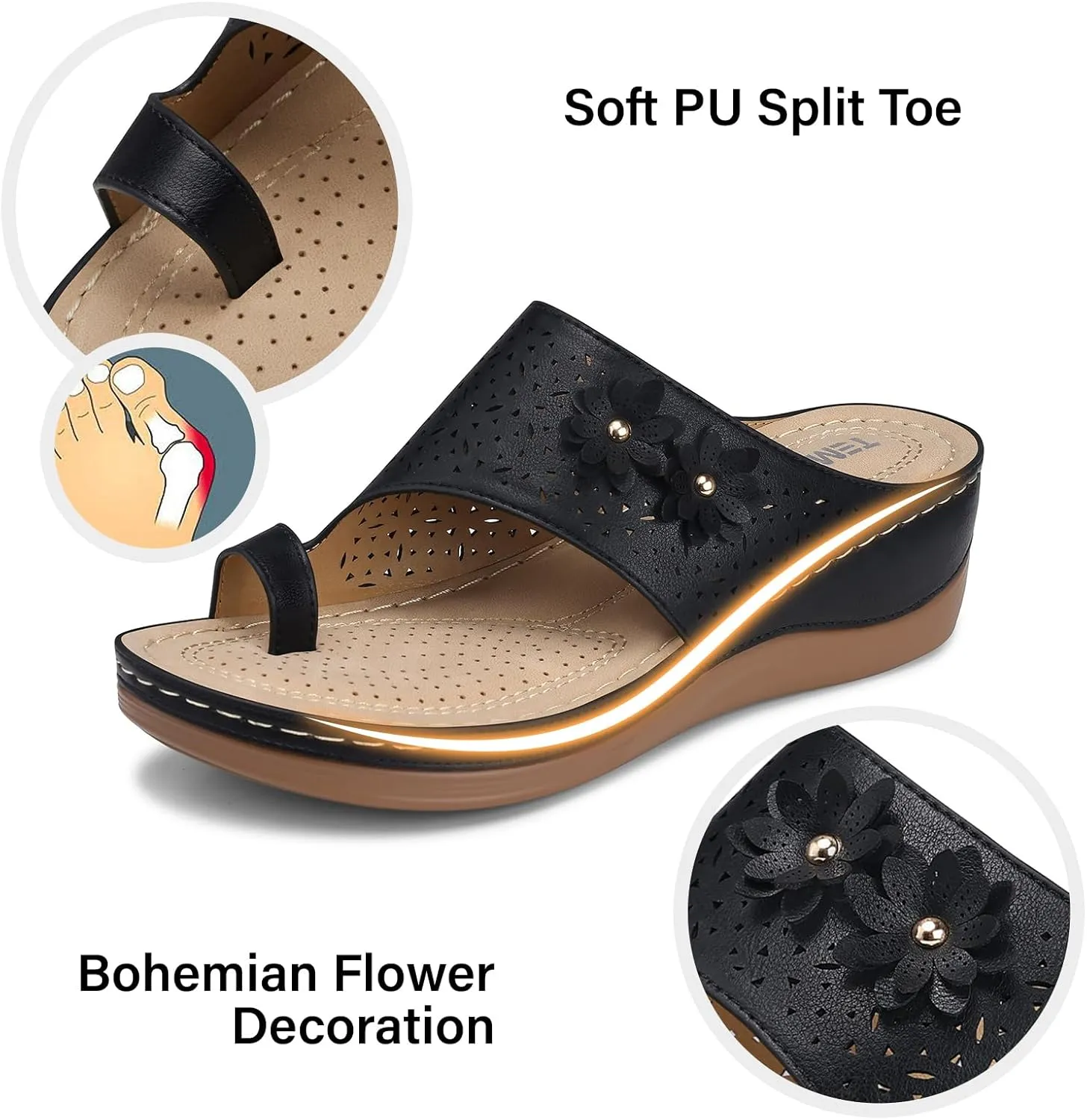 TEMOFON Flip Flops for Women Dressy: Comfortable Sandals for Women - Walking Summer Slip On Casual Bohemian Flower Thong Sandal