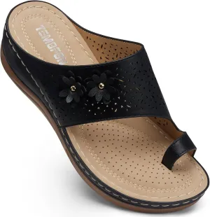 TEMOFON Flip Flops for Women Dressy: Comfortable Sandals for Women - Walking Summer Slip On Casual Bohemian Flower Thong Sandal