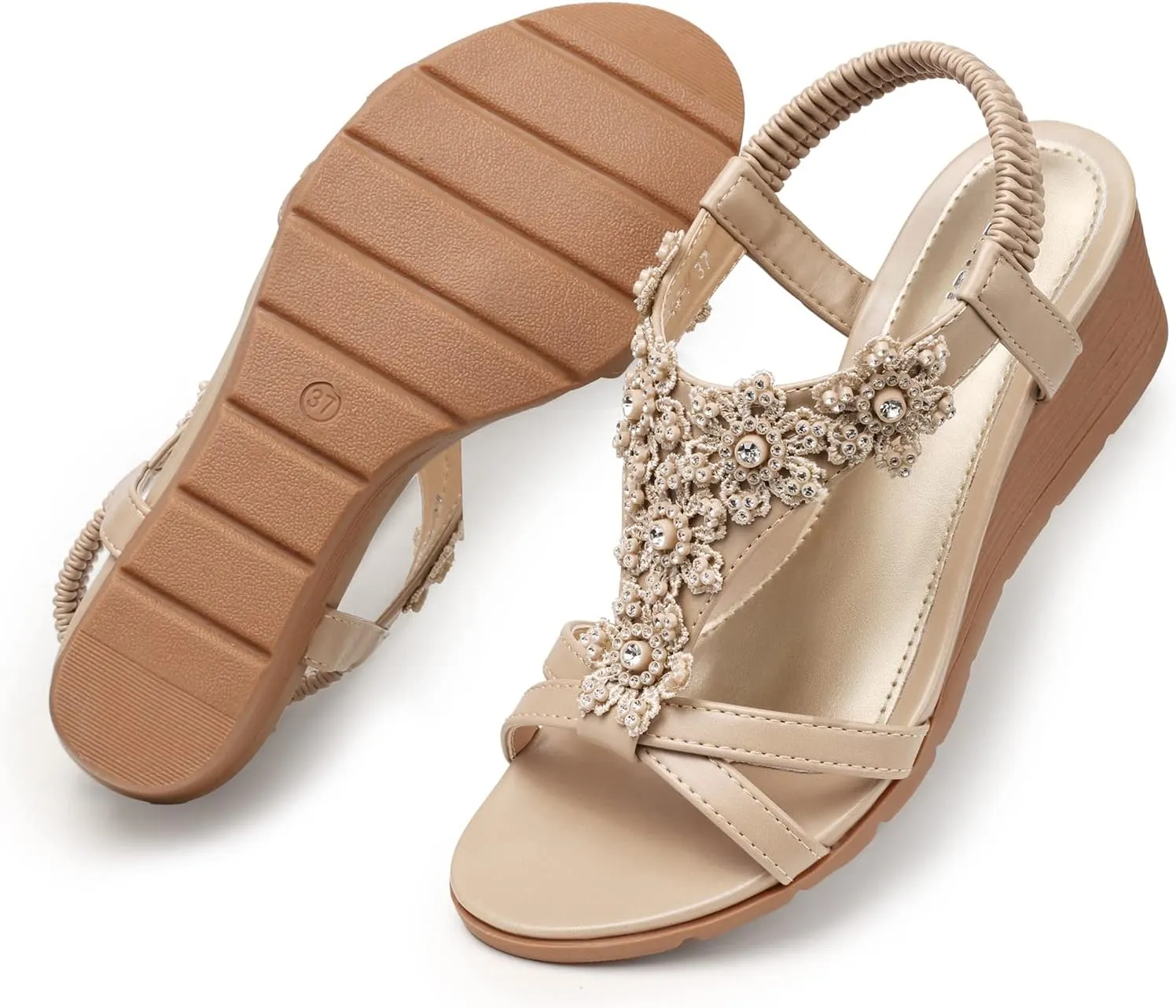 TEMOFON Women's Low Wedge Heels Summer Dressy Platform Sandals Elastic Ankle Strap Open Toe Flower Shoes