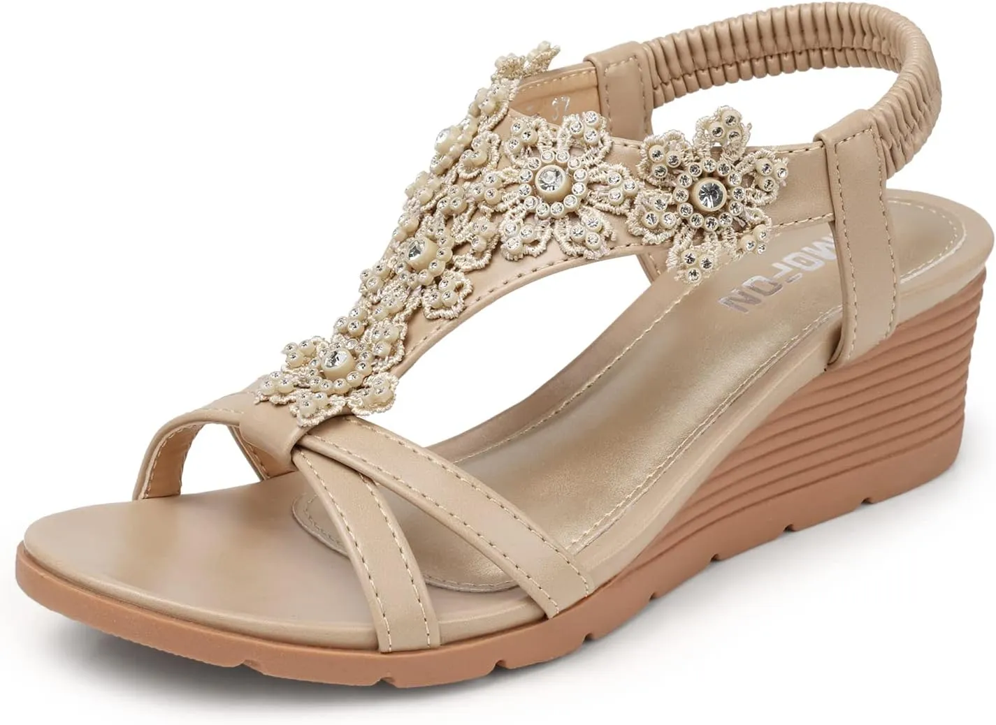 TEMOFON Women's Low Wedge Heels Summer Dressy Platform Sandals Elastic Ankle Strap Open Toe Flower Shoes