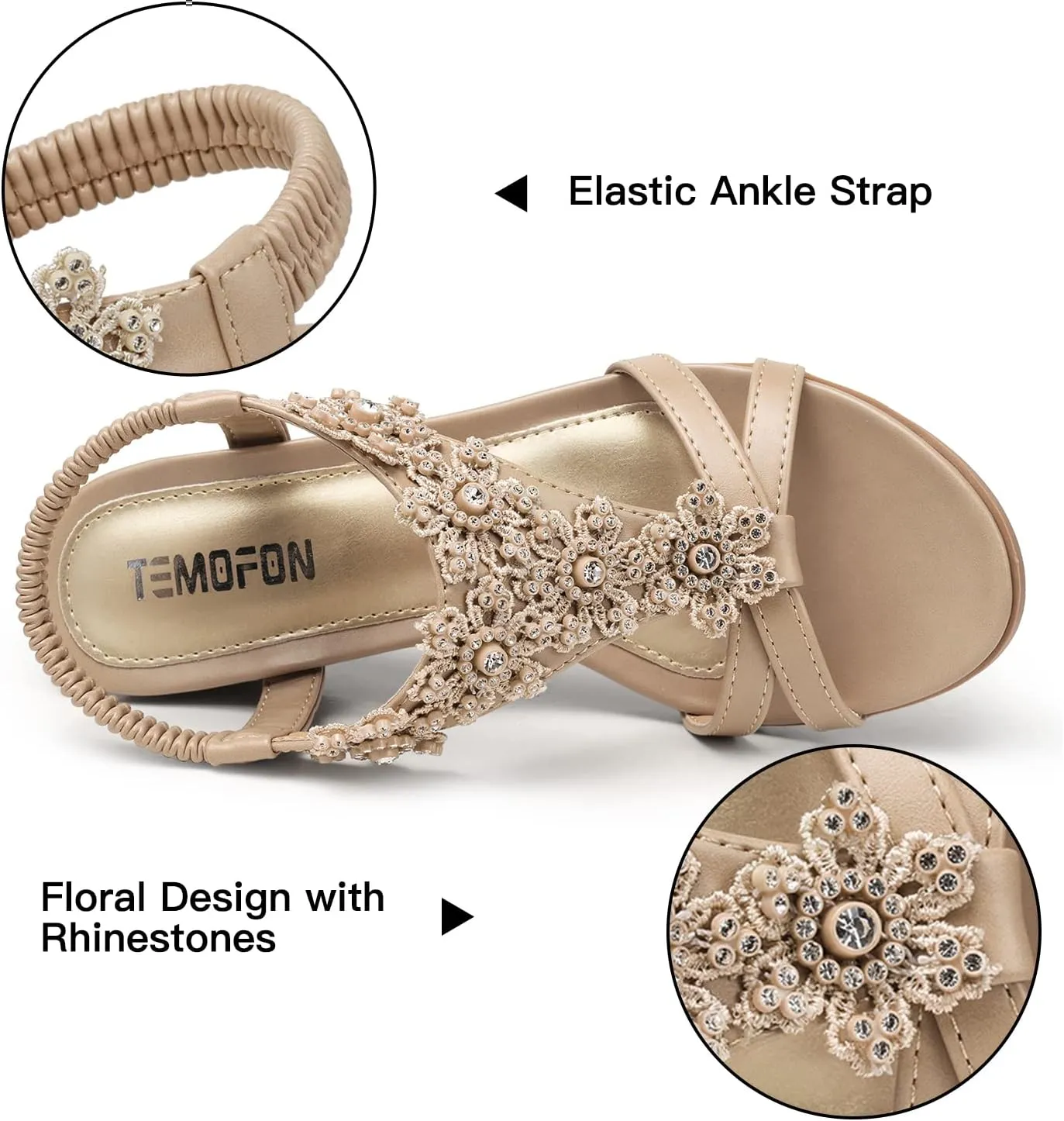 TEMOFON Women's Low Wedge Heels Summer Dressy Platform Sandals Elastic Ankle Strap Open Toe Flower Shoes