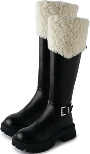 Thick Heel Thick Bottom Zipper Snow Boots, Short Plush Lining Raw Edge Warm Knee-High Boots Solid Color Casual Straight Boots Belt Buckle Decorated Fashion Boots