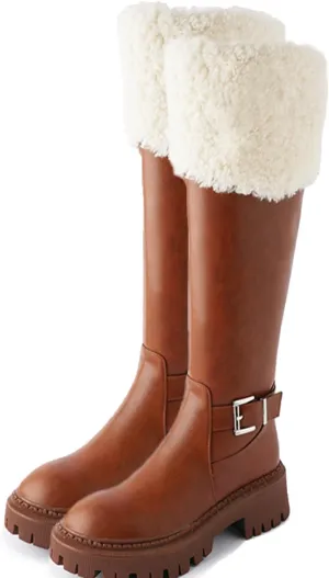 Thick Heel Thick Bottom Zipper Snow Boots, Short Plush Lining Raw Edge Warm Knee-High Boots Solid Color Casual Straight Boots Belt Buckle Decorated Fashion Boots
