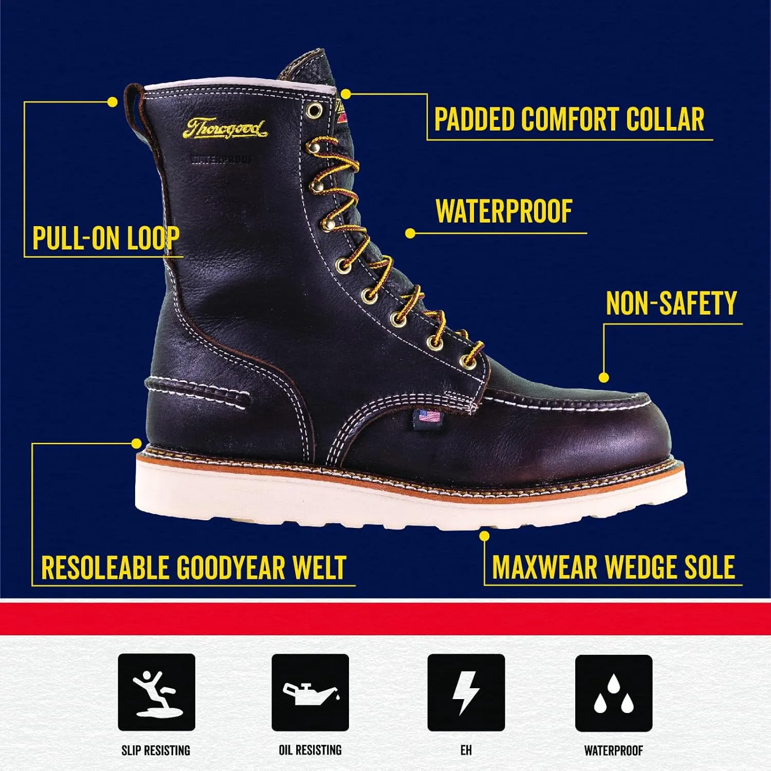 Thorogood 1957 Series 8” Waterproof Work Boots for Men - Full-Grain Leather with Moc Toe, Comfort Insole, and Slip-Resistant Wedge Outsole; EH Resistant