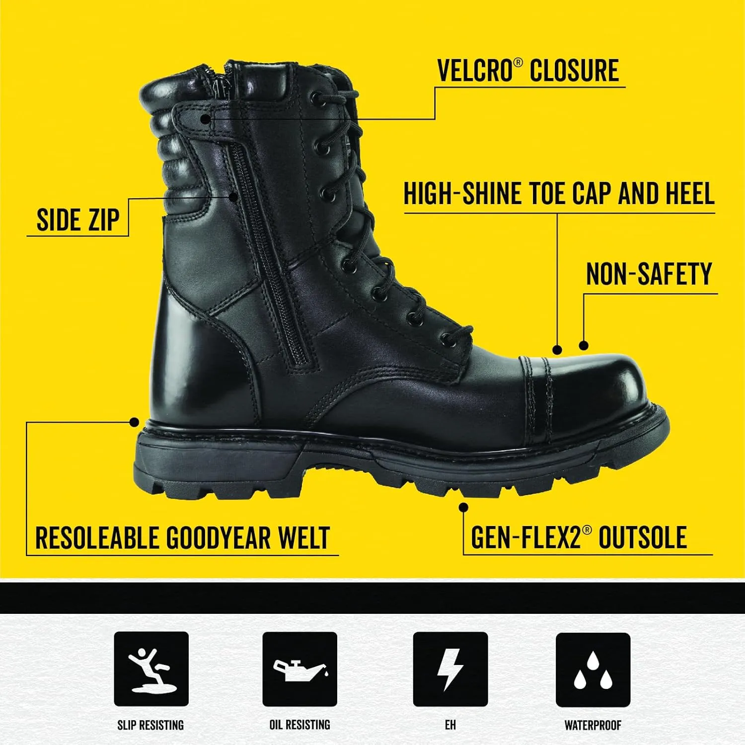 Thorogood GEN-Flex2 8” Side-Zip Black Tactical Boots for Men and Women - High-Shine Leather Heel & Toe with Goodyear Storm Welt and Slip-Resistant Outsole