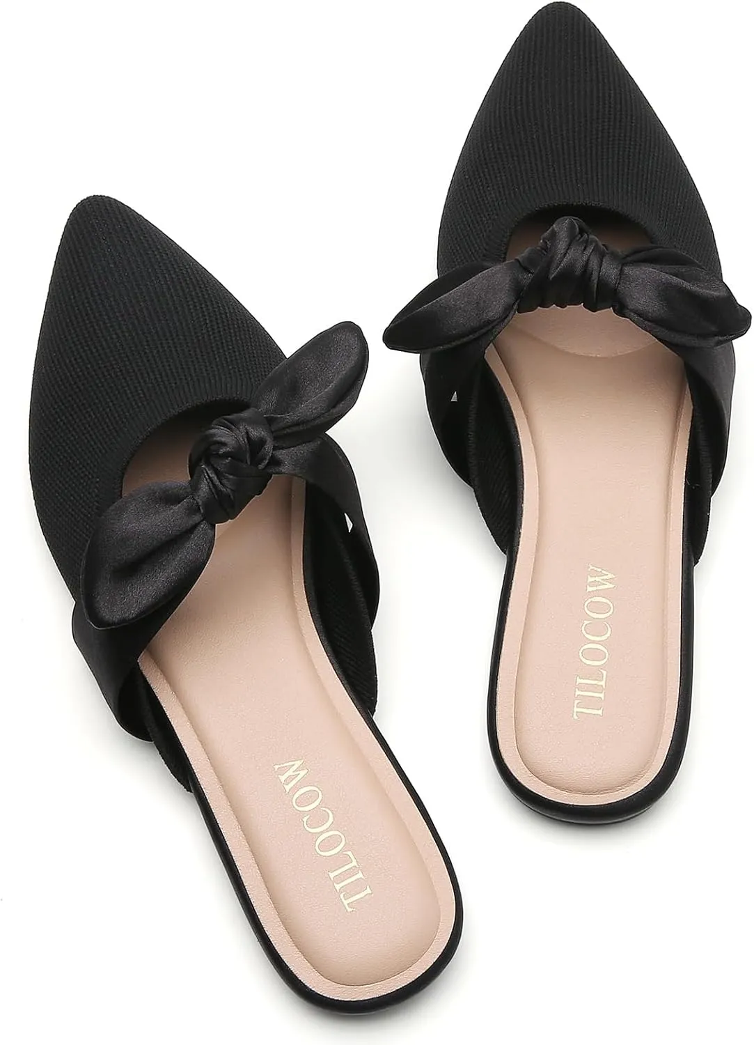Tilocow Knit Mules for Woman Pointed Toe Flats Bow Mules Slip On Slides Flats Shoes Women Dressy Comfortable