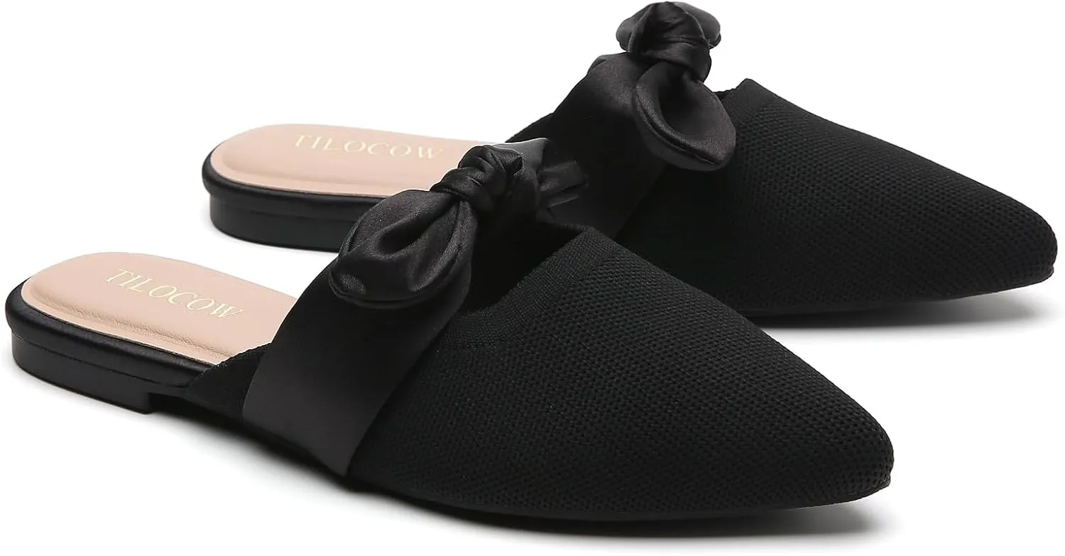 Tilocow Knit Mules for Woman Pointed Toe Flats Bow Mules Slip On Slides Flats Shoes Women Dressy Comfortable