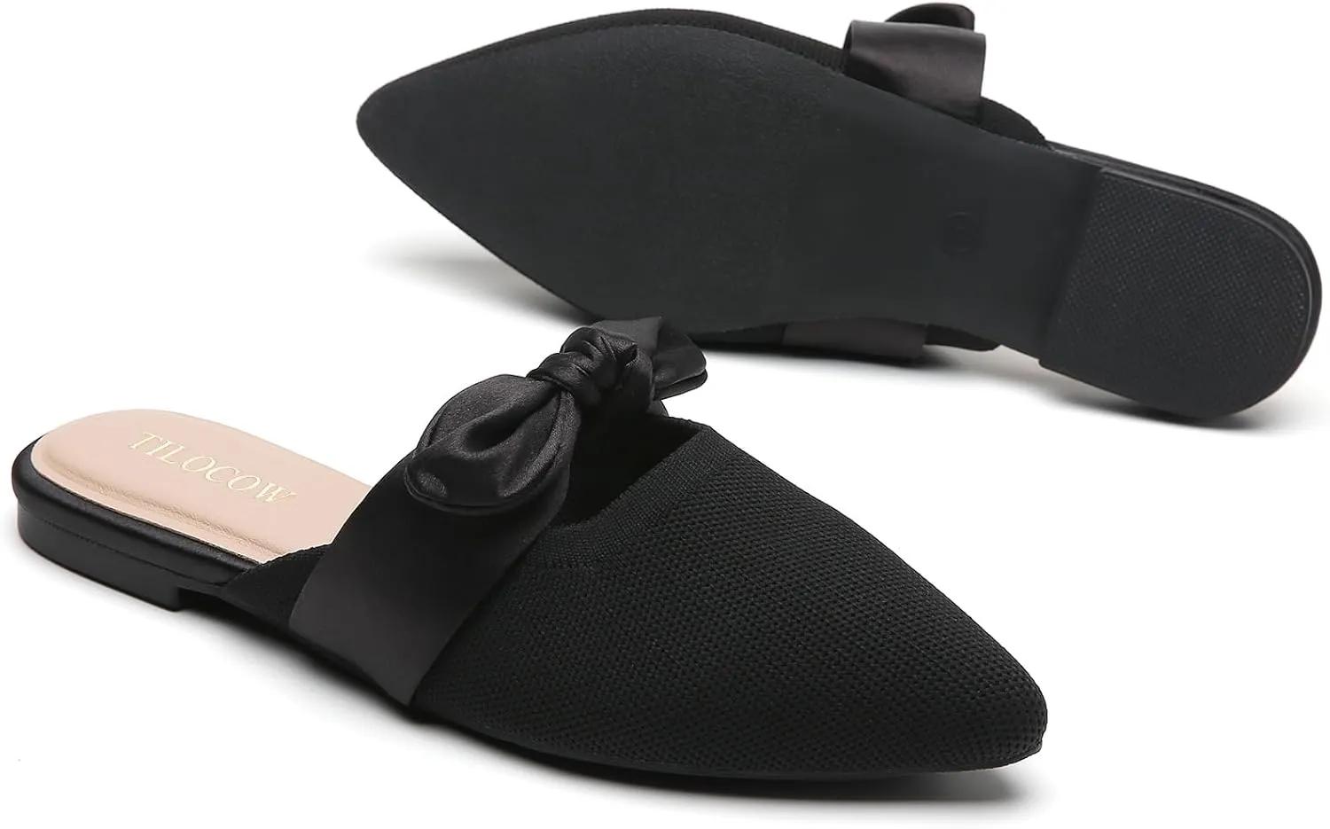 Tilocow Knit Mules for Woman Pointed Toe Flats Bow Mules Slip On Slides Flats Shoes Women Dressy Comfortable