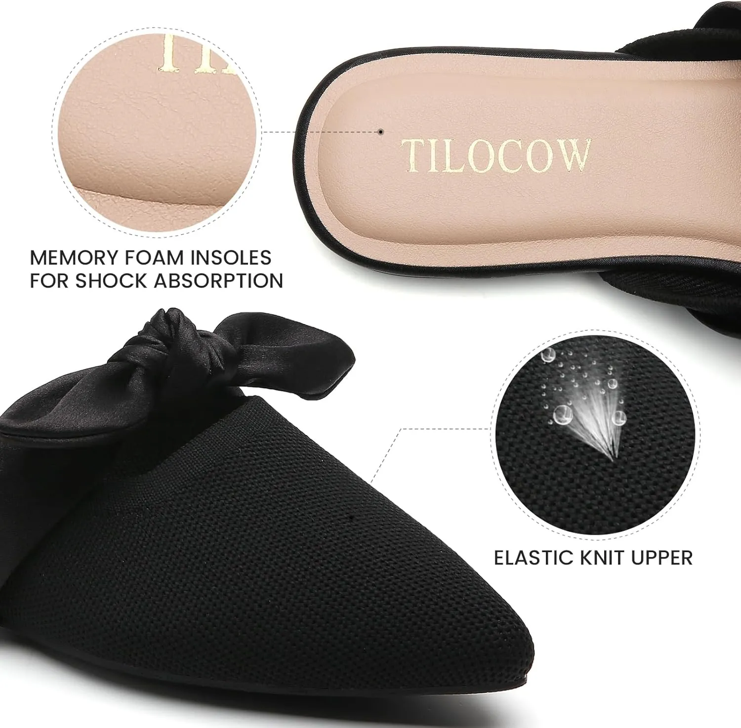 Tilocow Knit Mules for Woman Pointed Toe Flats Bow Mules Slip On Slides Flats Shoes Women Dressy Comfortable