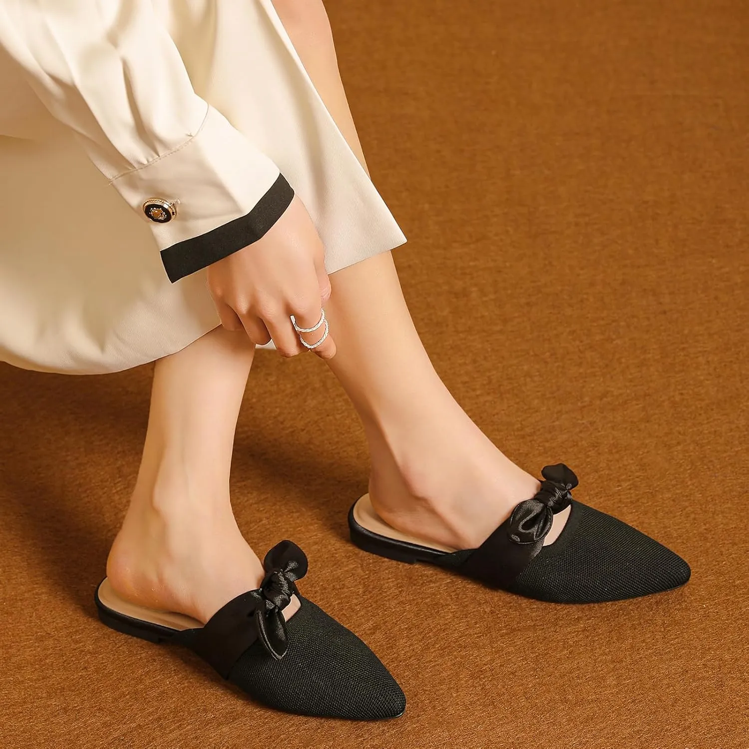 Tilocow Knit Mules for Woman Pointed Toe Flats Bow Mules Slip On Slides Flats Shoes Women Dressy Comfortable