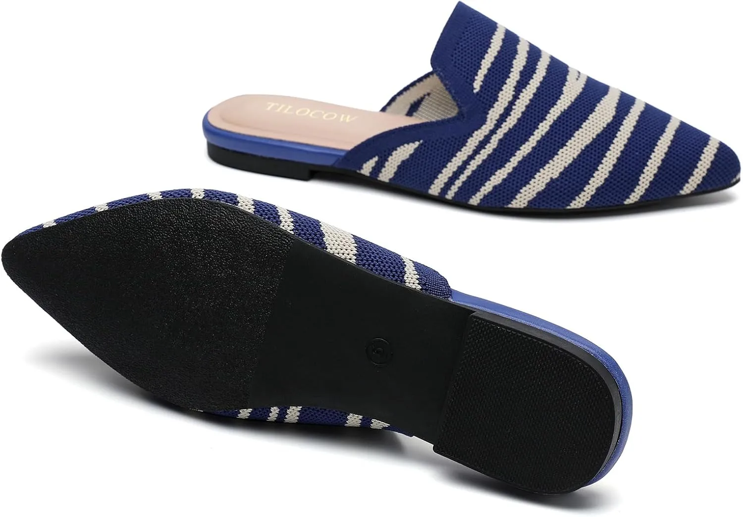 Tilocow Knit Mules for Women Flats Pointed Toe Mesh Ballet Flat Womens Slip On Slides Walking Shoes