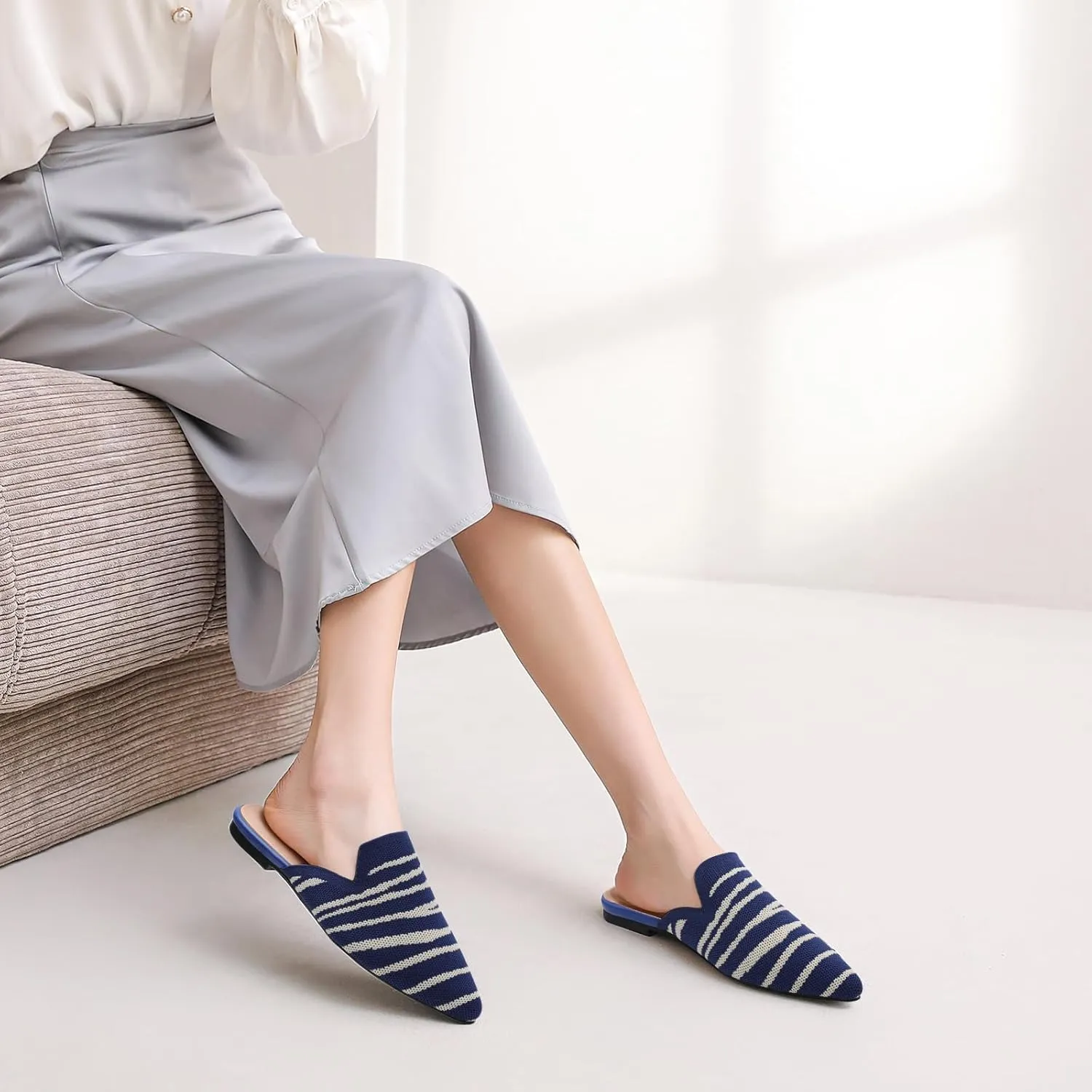 Tilocow Knit Mules for Women Flats Pointed Toe Mesh Ballet Flat Womens Slip On Slides Walking Shoes