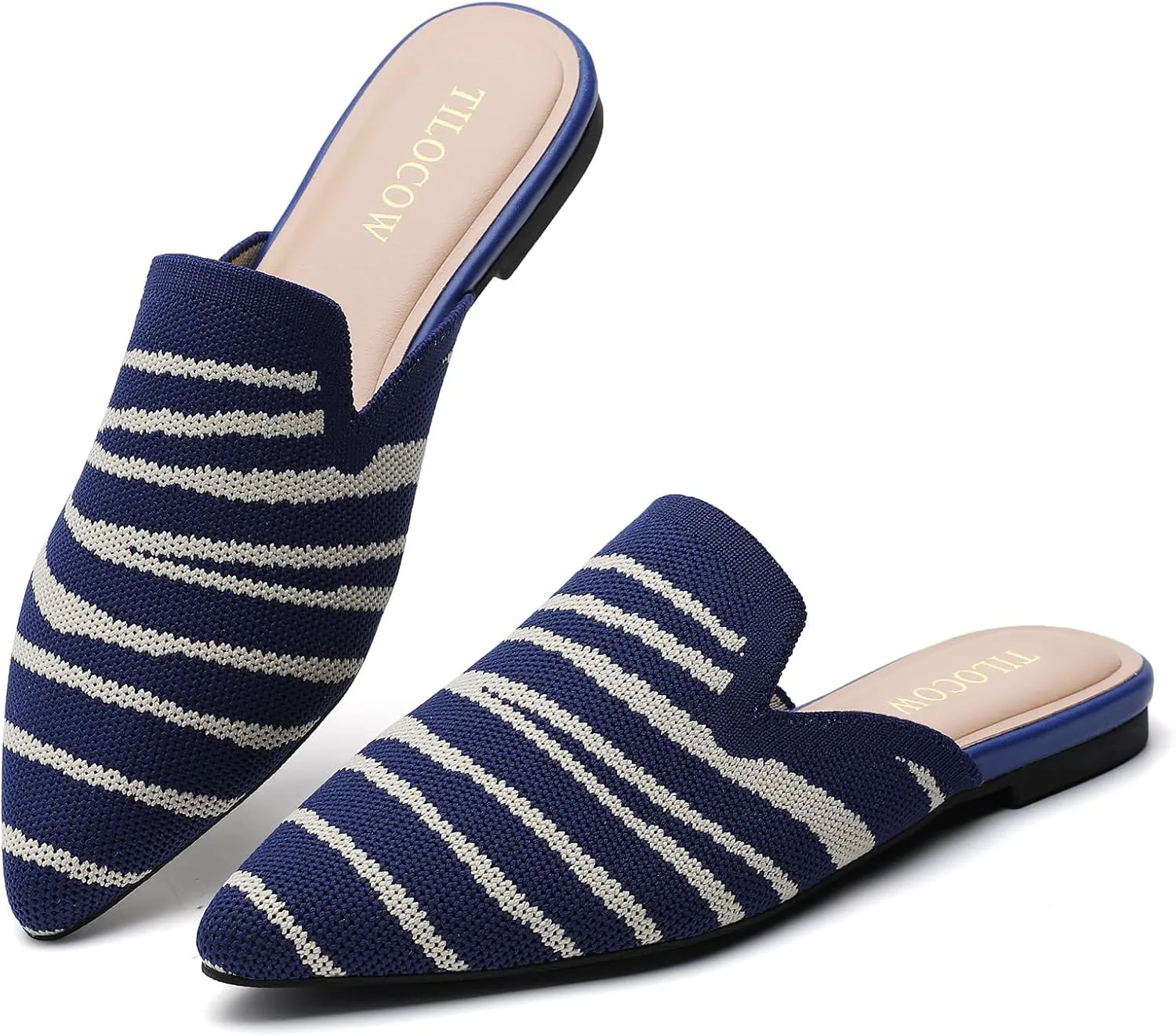 Tilocow Knit Mules for Women Flats Pointed Toe Mesh Ballet Flat Womens Slip On Slides Walking Shoes