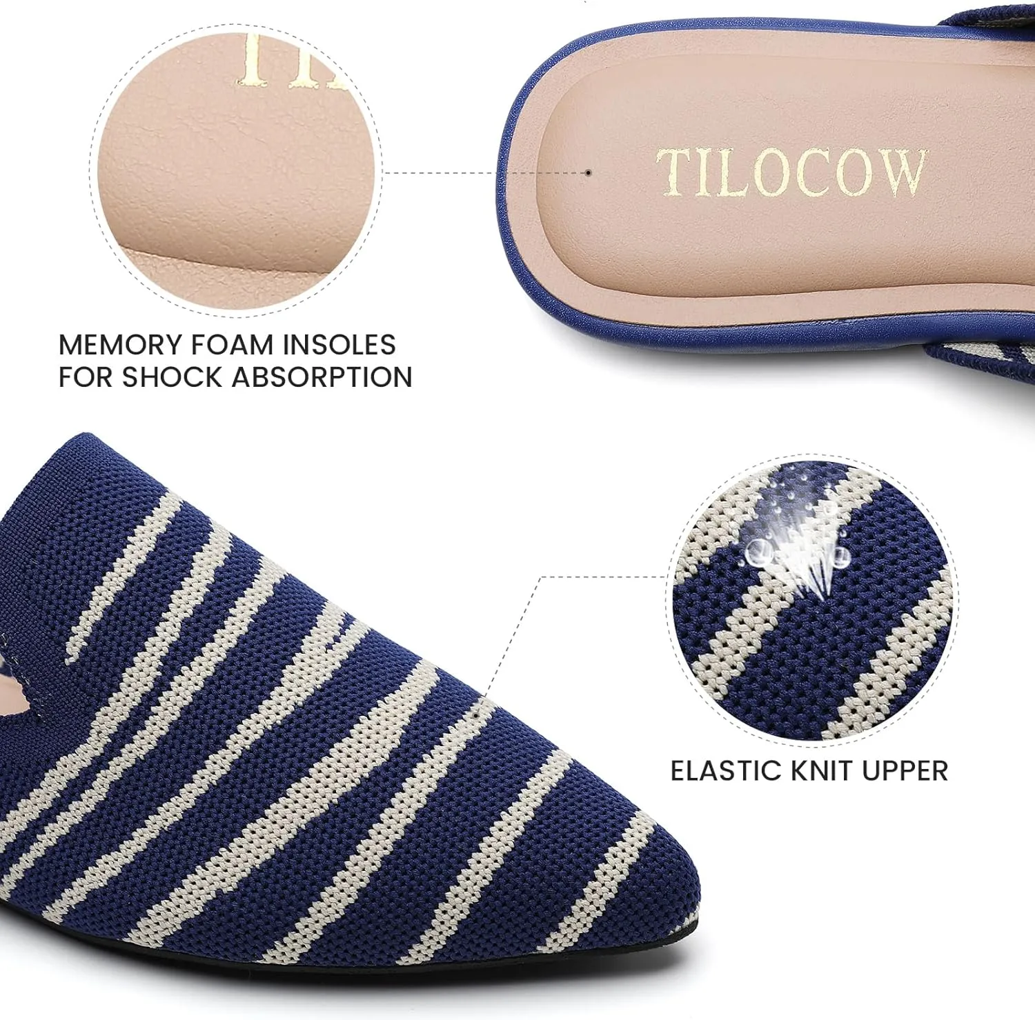 Tilocow Knit Mules for Women Flats Pointed Toe Mesh Ballet Flat Womens Slip On Slides Walking Shoes