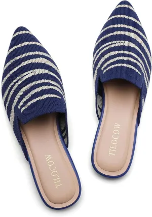 Tilocow Knit Mules for Women Flats Pointed Toe Mesh Ballet Flat Womens Slip On Slides Walking Shoes
