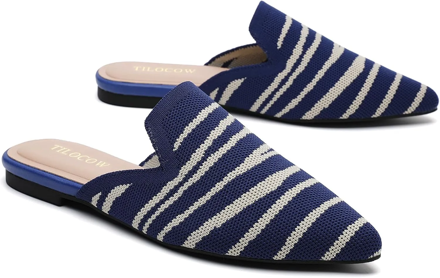 Tilocow Knit Mules for Women Flats Pointed Toe Mesh Ballet Flat Womens Slip On Slides Walking Shoes