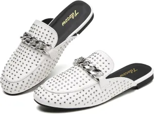 Tilocow Metal Chain Decor Mules for Women Backless Round Toe Flats Rivet Slide Sandals Women Slip-on Loafers