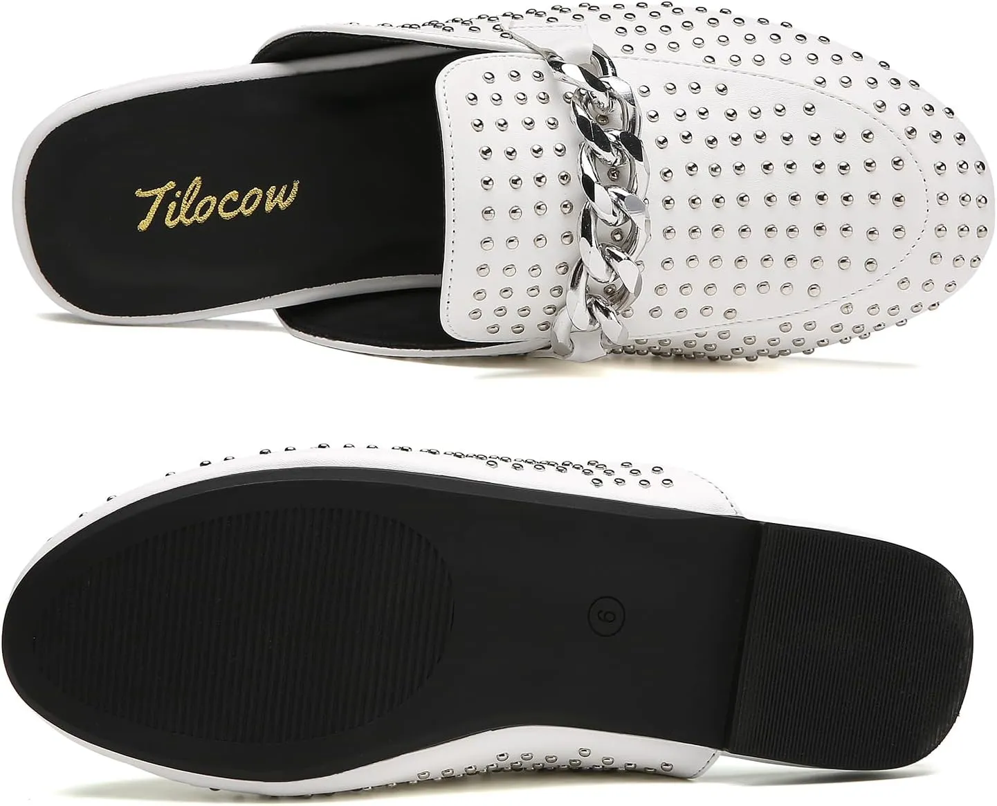 Tilocow Metal Chain Decor Mules for Women Backless Round Toe Flats Rivet Slide Sandals Women Slip-on Loafers