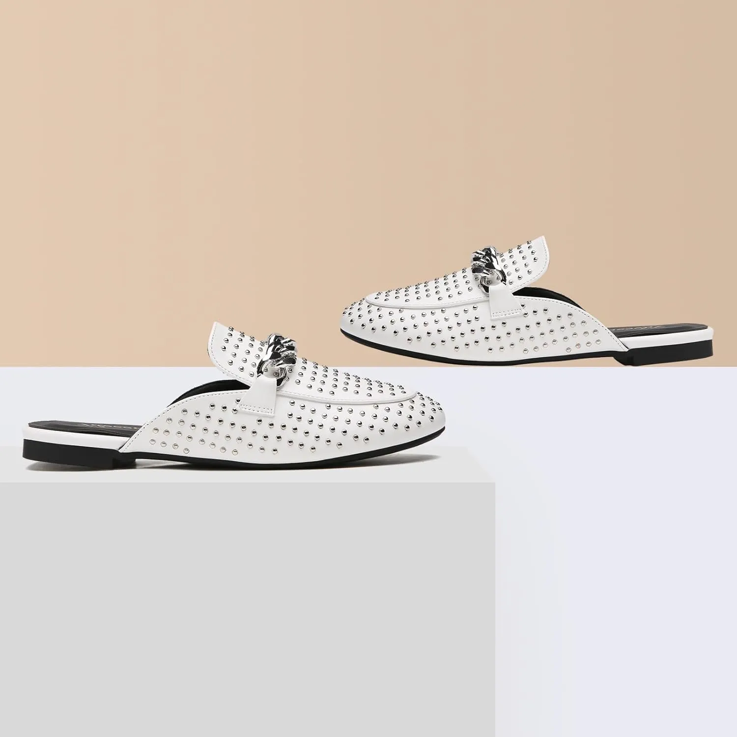 Tilocow Metal Chain Decor Mules for Women Backless Round Toe Flats Rivet Slide Sandals Women Slip-on Loafers