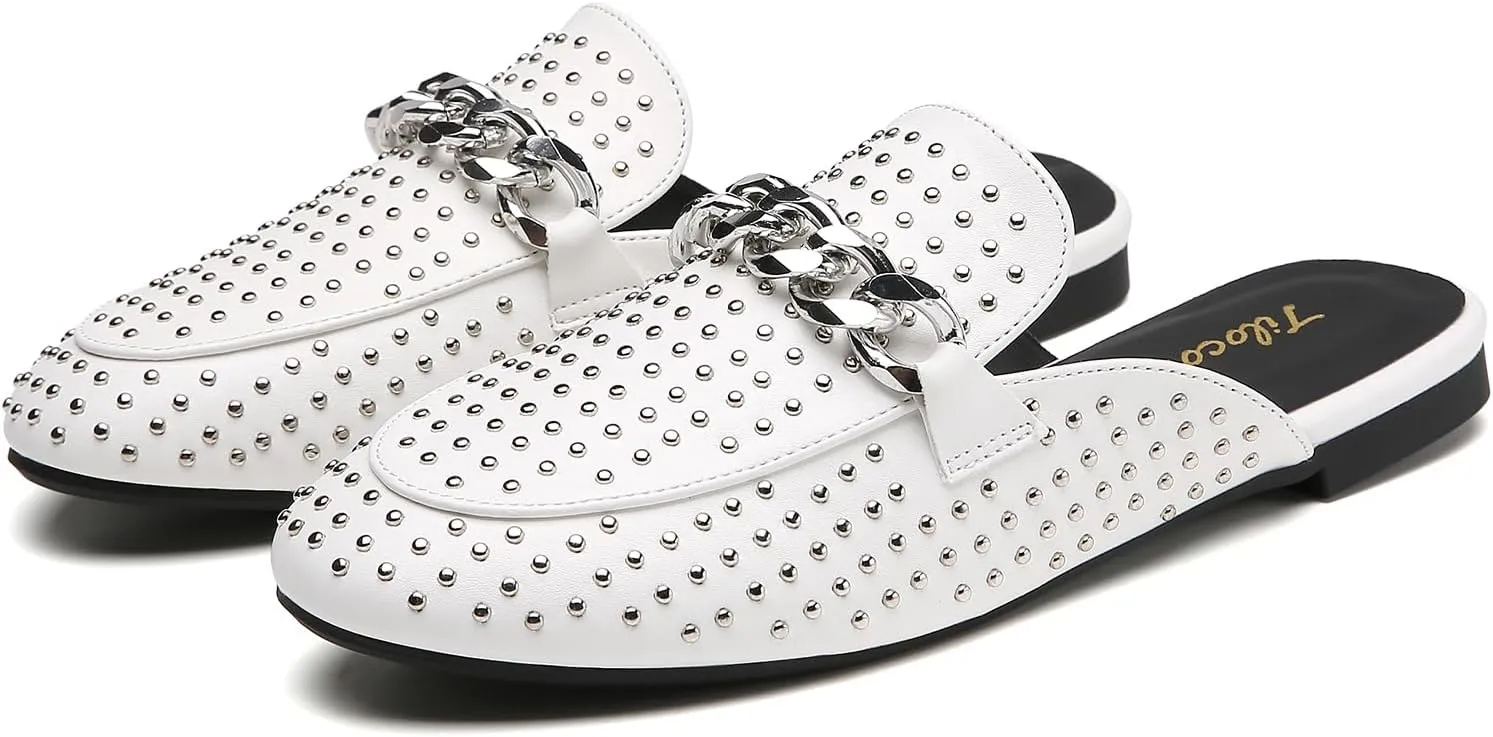 Tilocow Metal Chain Decor Mules for Women Backless Round Toe Flats Rivet Slide Sandals Women Slip-on Loafers