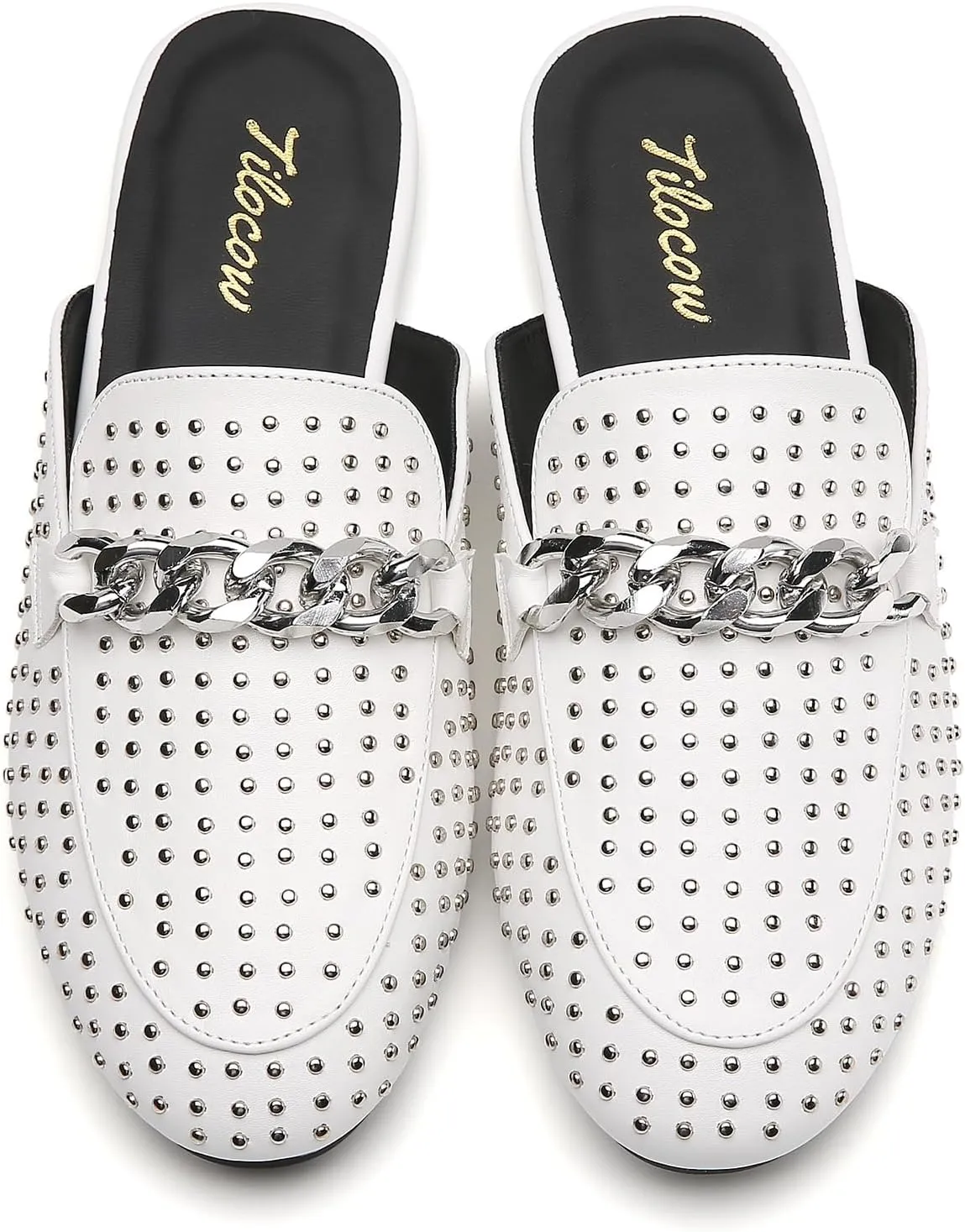 Tilocow Metal Chain Decor Mules for Women Backless Round Toe Flats Rivet Slide Sandals Women Slip-on Loafers