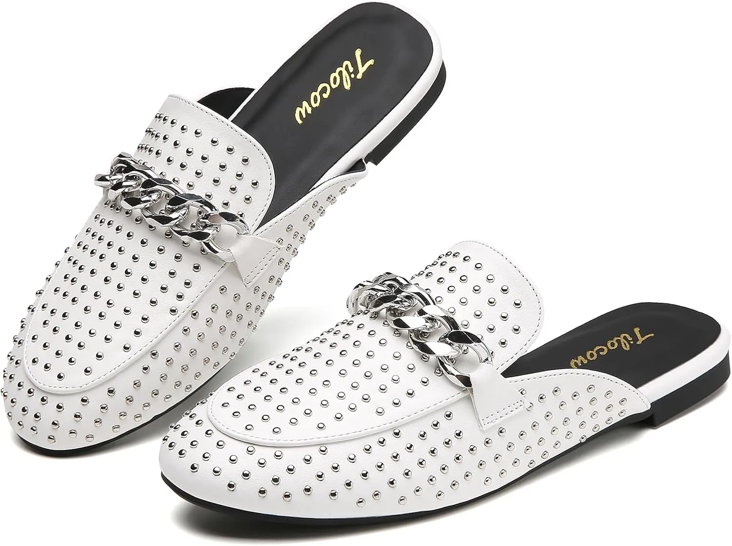 Tilocow Metal Chain Decor Mules for Women Backless Round Toe Flats Rivet Slide Sandals Women Slip-on Loafers