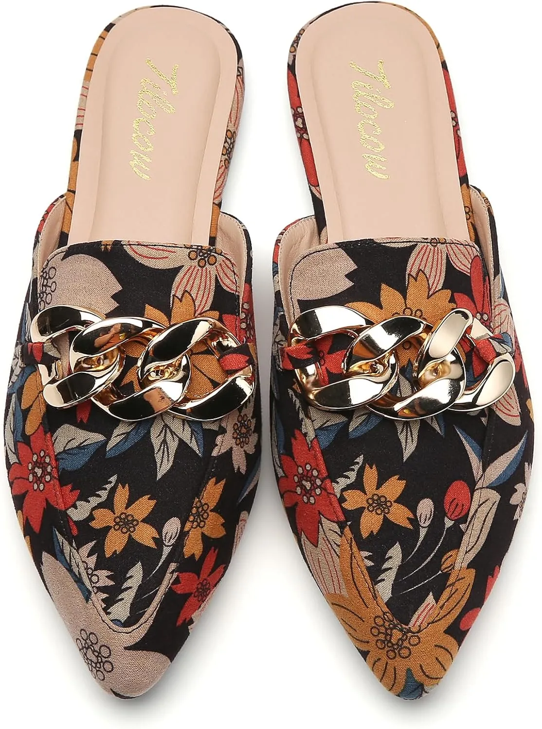 Tilocow Mules for Woman - Flats Shoes Women Dressy Comfortable Mules Metal Chain Slip Ons Backless Loafers Fashion 2023 Shoes