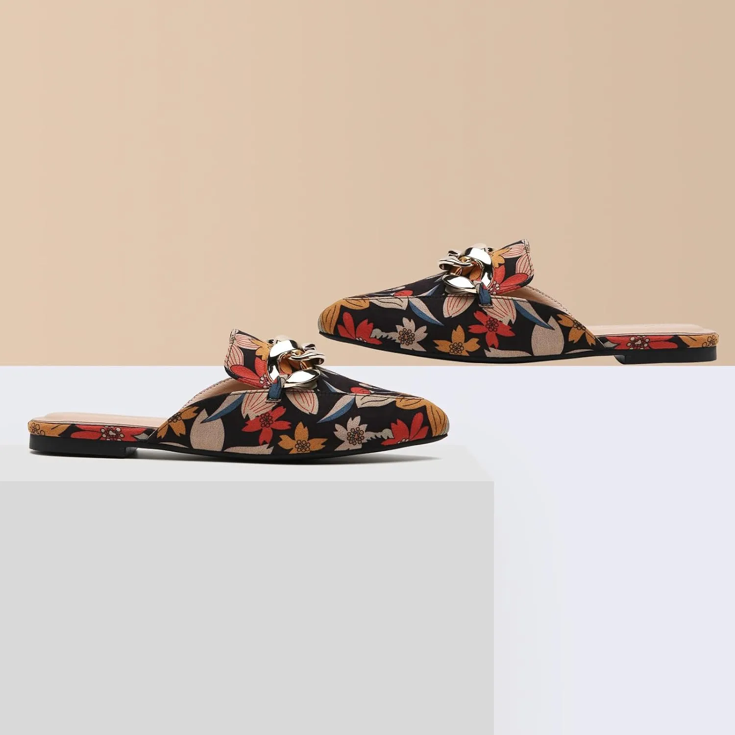 Tilocow Mules for Woman - Flats Shoes Women Dressy Comfortable Mules Metal Chain Slip Ons Backless Loafers Fashion 2023 Shoes