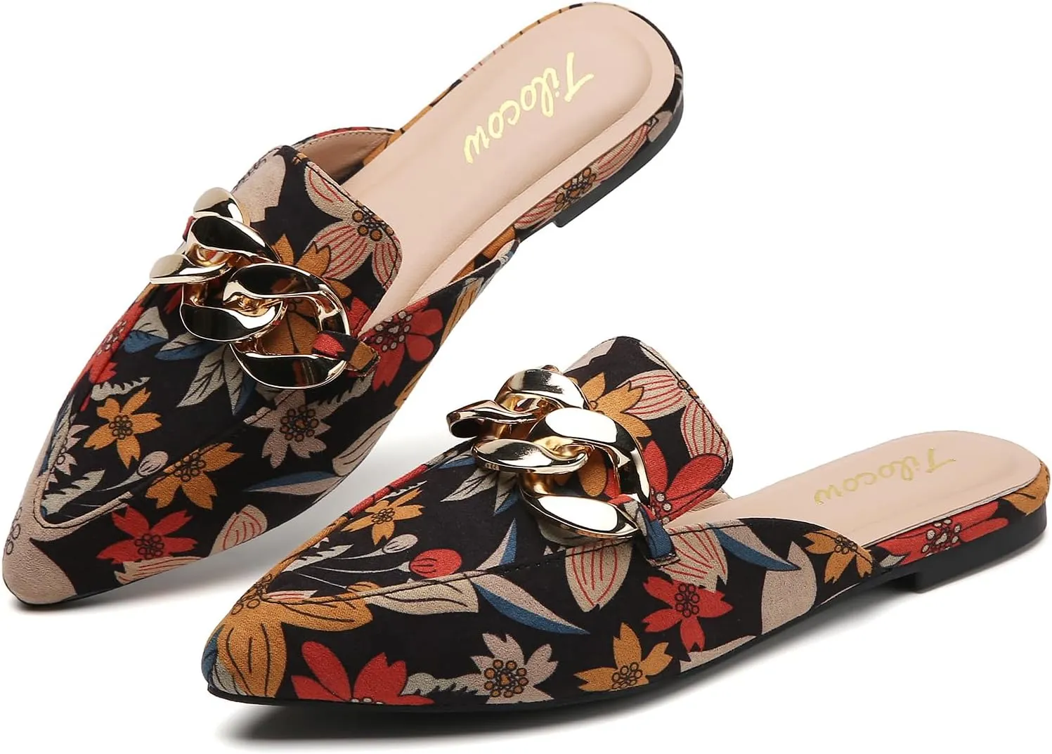 Tilocow Mules for Woman - Flats Shoes Women Dressy Comfortable Mules Metal Chain Slip Ons Backless Loafers Fashion 2023 Shoes
