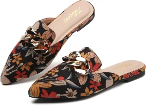 Tilocow Mules for Woman - Flats Shoes Women Dressy Comfortable Mules Metal Chain Slip Ons Backless Loafers Fashion 2023 Shoes