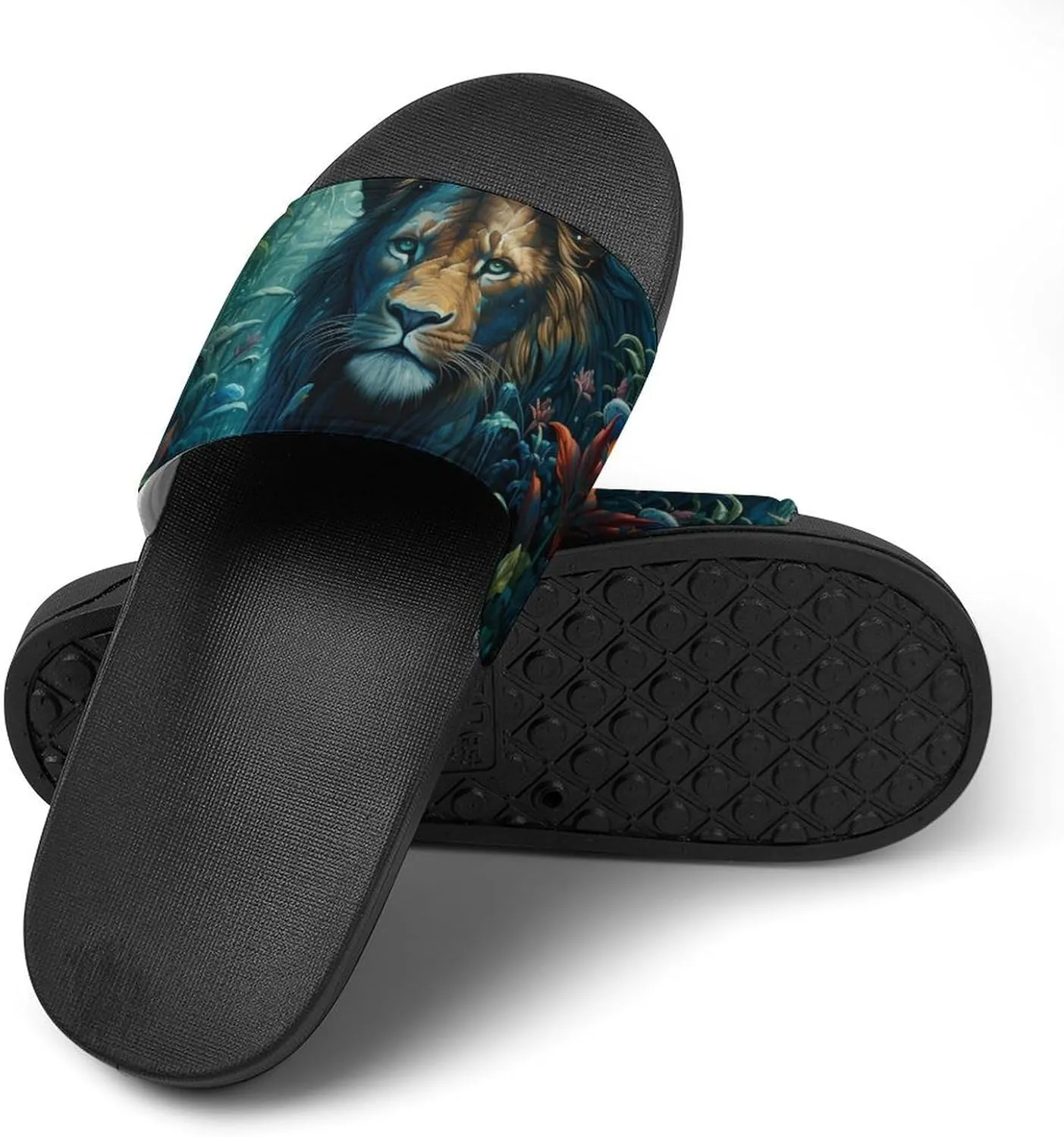 Tropical Rainforest Animal Lion Non Slip Slides Sandals for Women Men Quick Drying Shower Shoes for Bathroom Pool Beach