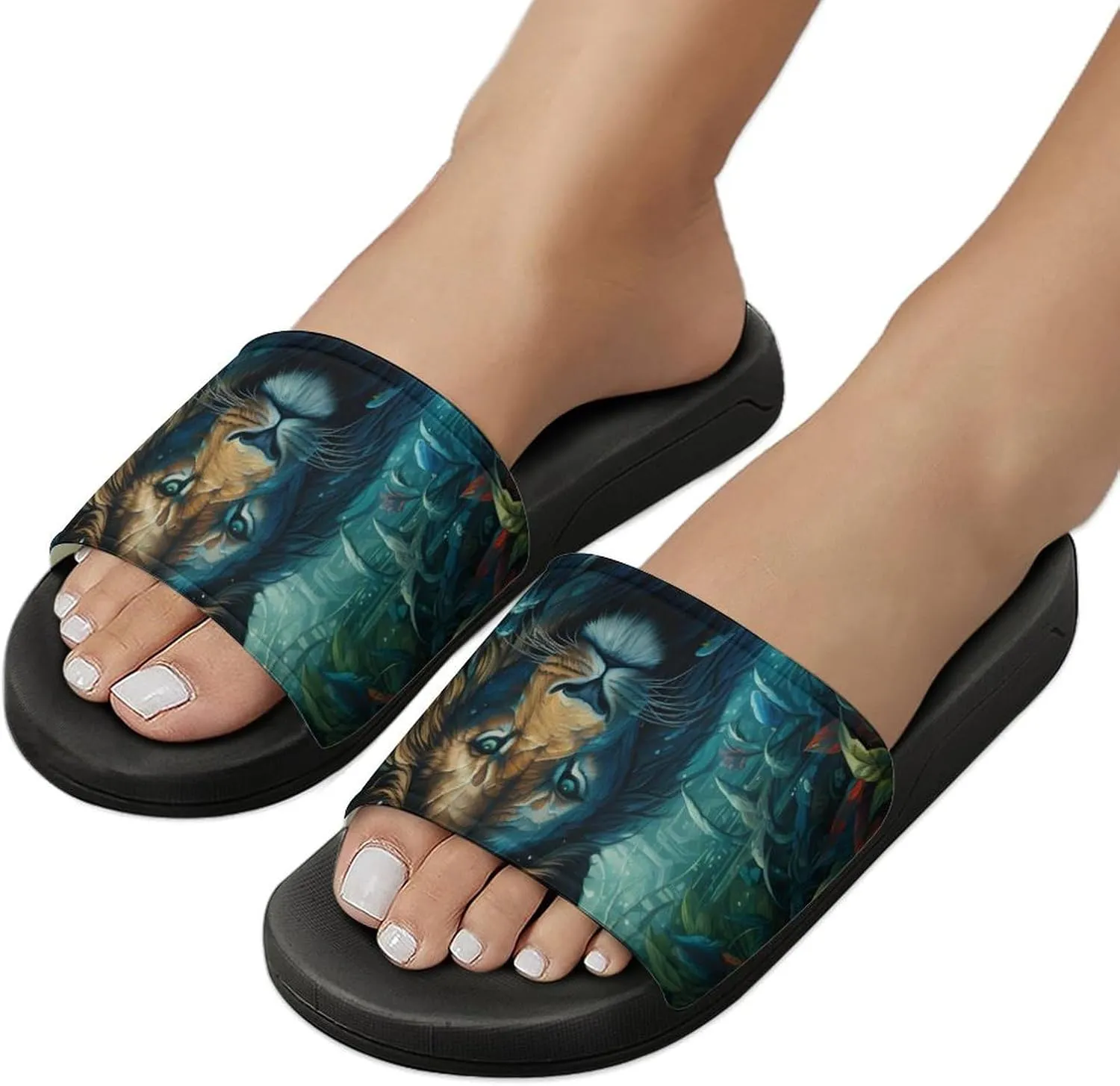 Tropical Rainforest Animal Lion Non Slip Slides Sandals for Women Men Quick Drying Shower Shoes for Bathroom Pool Beach
