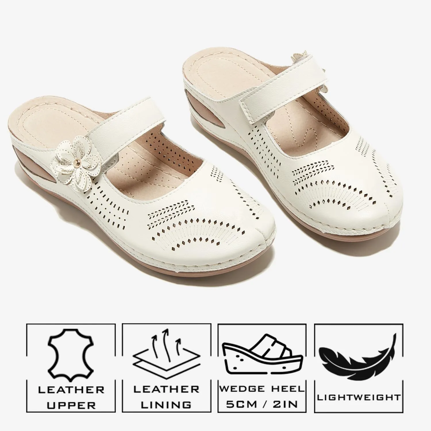 TRULAND Leather Mary Jane Clogs for Women - Slip On Casual Comfortable Mules Shoes with Arch Support
