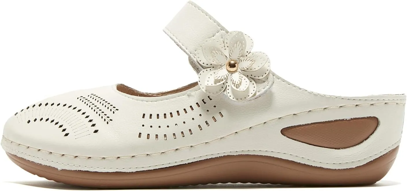 TRULAND Leather Mary Jane Clogs for Women - Slip On Casual Comfortable Mules Shoes with Arch Support