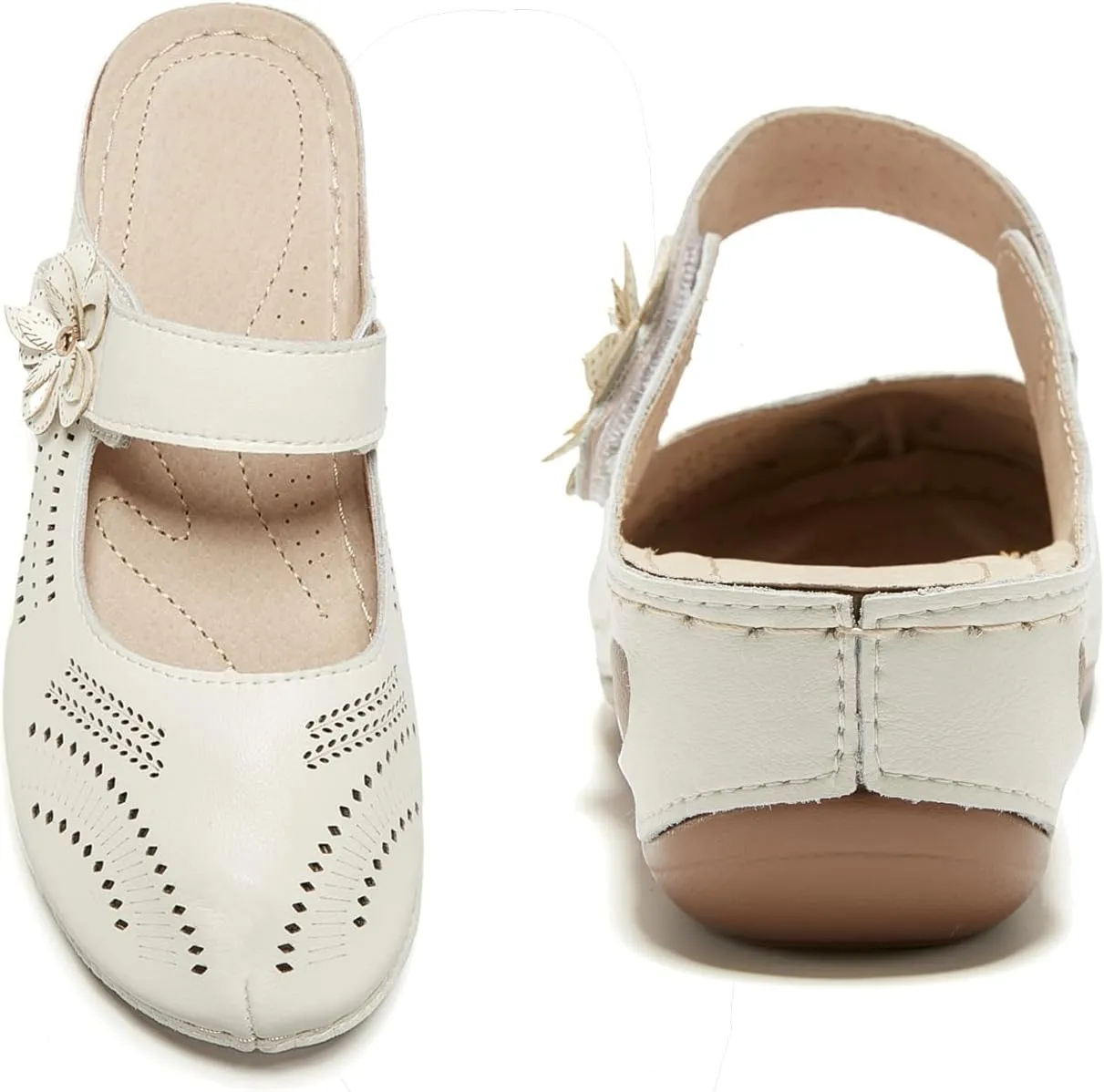 TRULAND Leather Mary Jane Clogs for Women - Slip On Casual Comfortable Mules Shoes with Arch Support