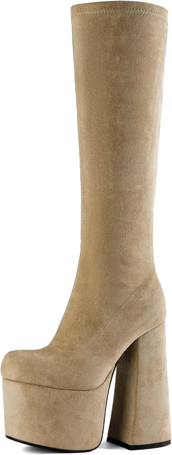 Tsrenlmln Outer waterproof platform boots, square toe thick heel with ankle straps, side zippered elastic apricot high boots