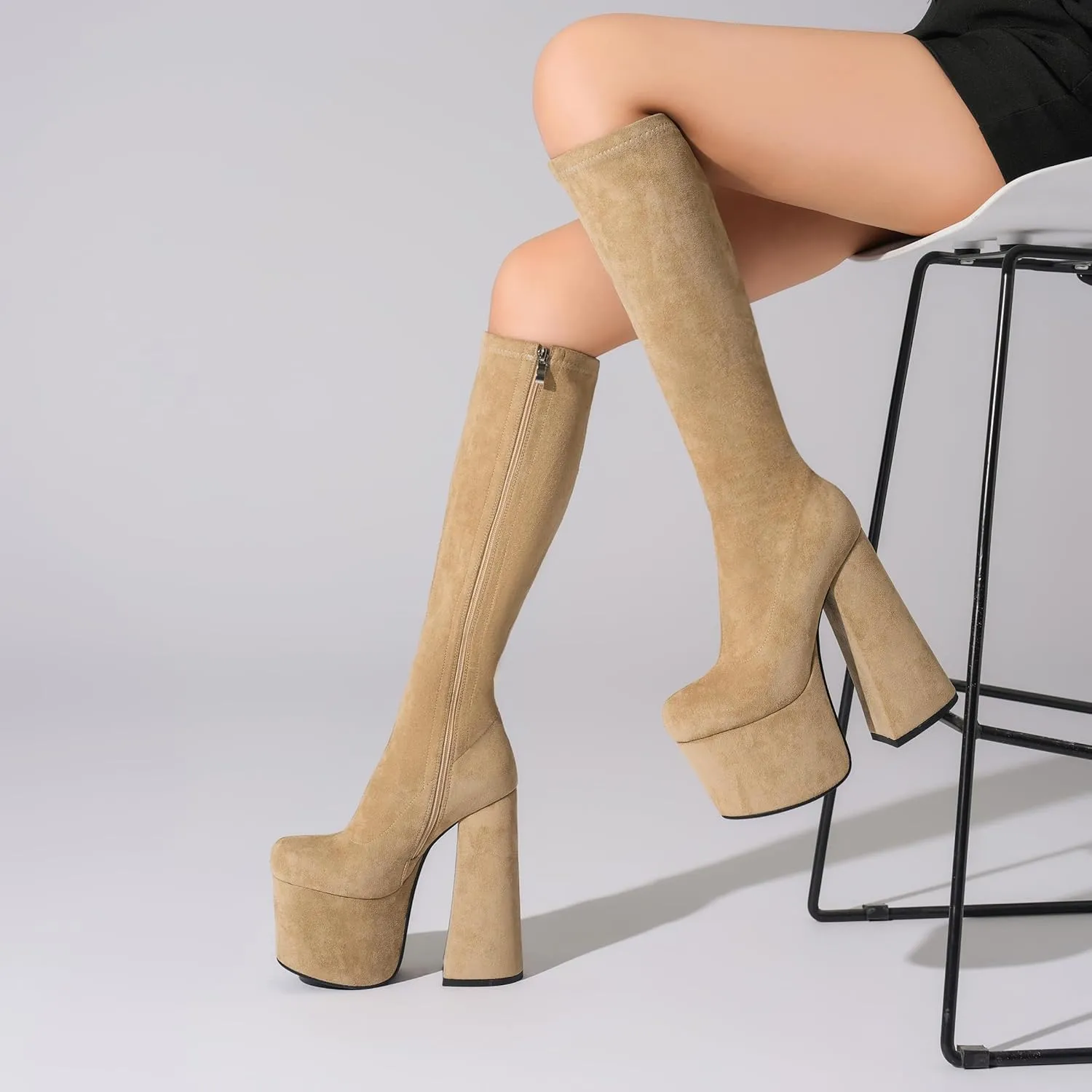 Tsrenlmln Outer waterproof platform boots, square toe thick heel with ankle straps, side zippered elastic apricot high boots