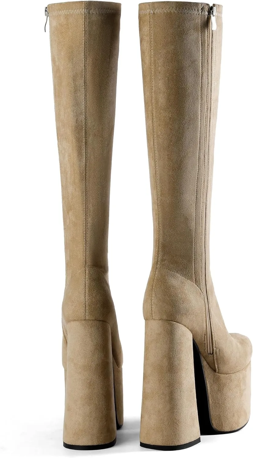 Tsrenlmln Outer waterproof platform boots, square toe thick heel with ankle straps, side zippered elastic apricot high boots
