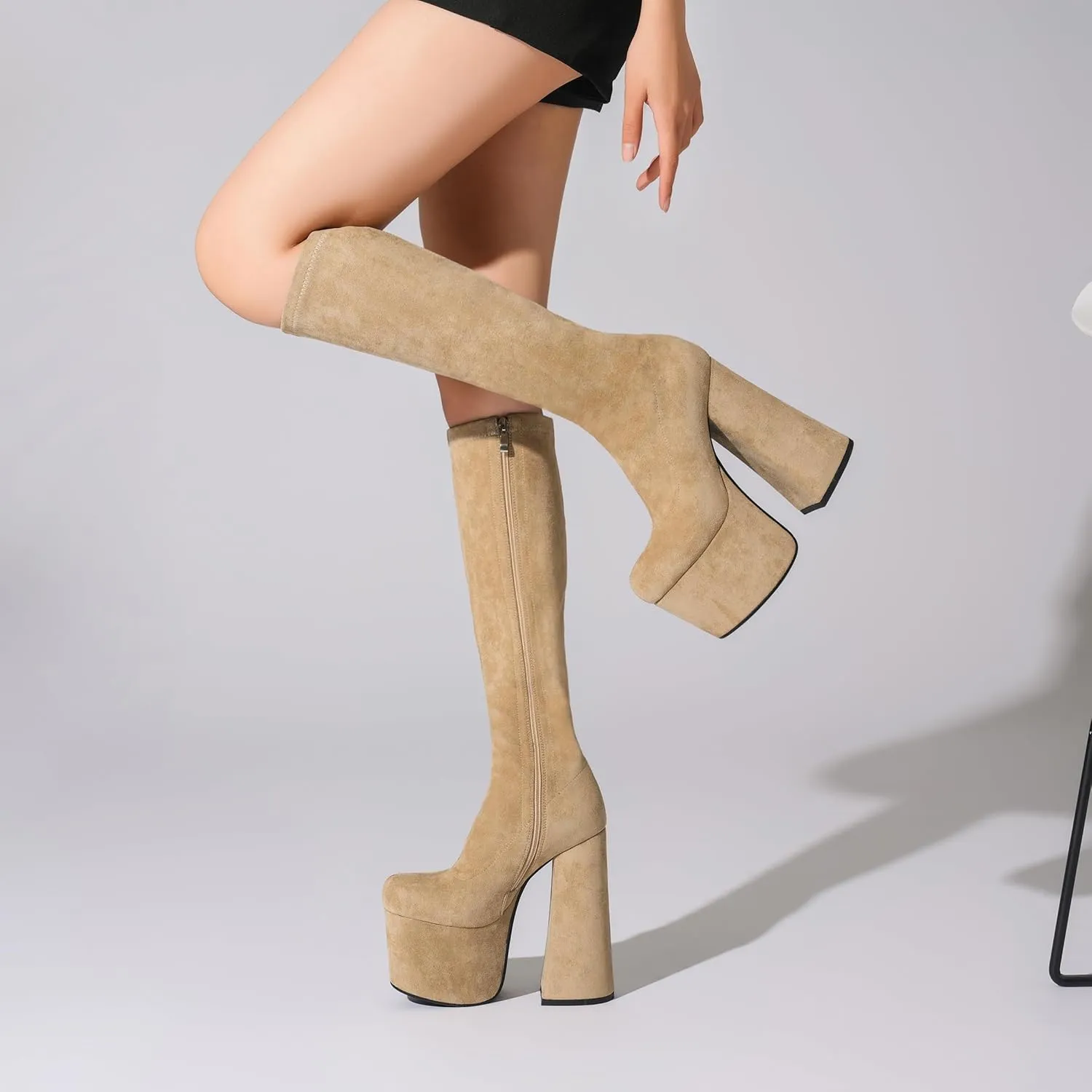 Tsrenlmln Outer waterproof platform boots, square toe thick heel with ankle straps, side zippered elastic apricot high boots