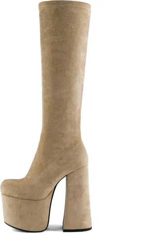 Tsrenlmln Outer waterproof platform boots, square toe thick heel with ankle straps, side zippered elastic apricot high boots
