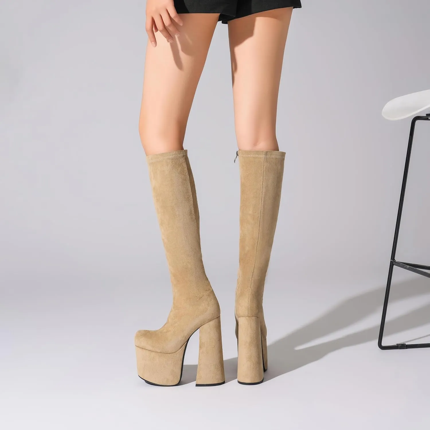Tsrenlmln Outer waterproof platform boots, square toe thick heel with ankle straps, side zippered elastic apricot high boots