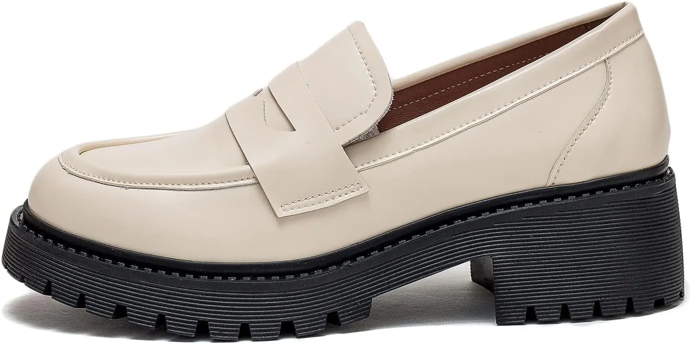 U-lite Women's Classic Simple Mid Heel Oxfords Penny Loafers Comfortable Slip On Dress Shoes