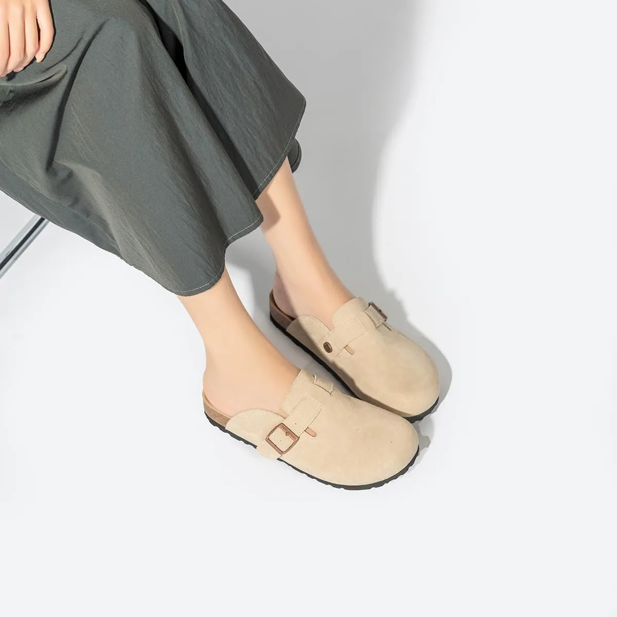 Unixsex Cork Suede Clogs and Mules,Leather Clog Women,Suede Clog Men,Soft Leather Sandal,House Slipper,Skin-Friendly Footbed,Adjustable Buckle,Arch Support