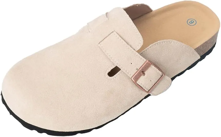 Unixsex Cork Suede Clogs and Mules,Leather Clog Women,Suede Clog Men,Soft Leather Sandal,House Slipper,Skin-Friendly Footbed,Adjustable Buckle,Arch Support