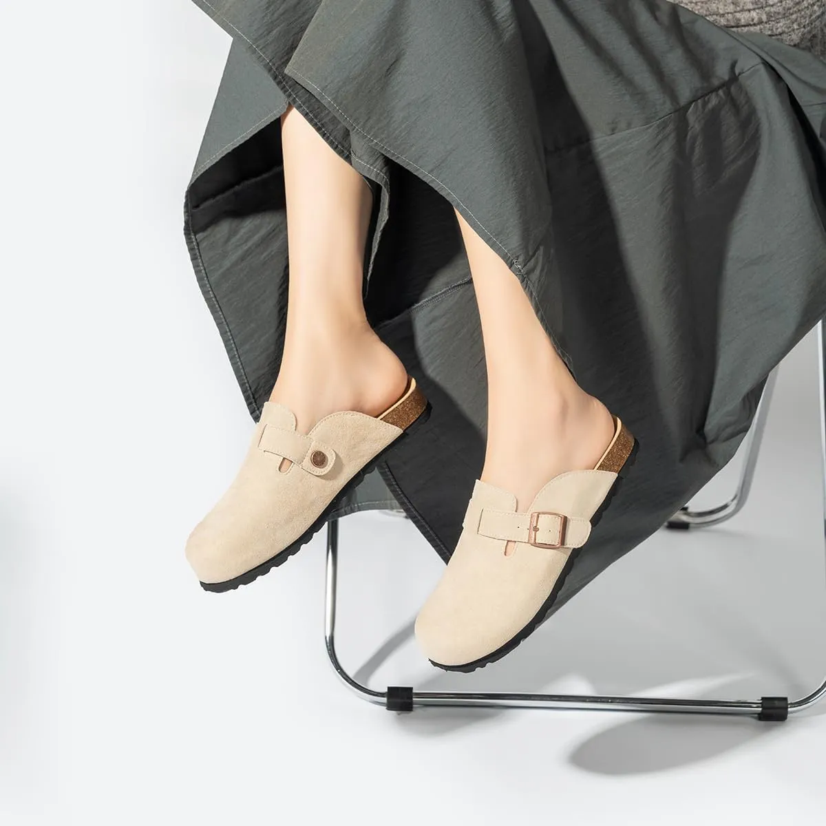 Unixsex Cork Suede Clogs and Mules,Leather Clog Women,Suede Clog Men,Soft Leather Sandal,House Slipper,Skin-Friendly Footbed,Adjustable Buckle,Arch Support