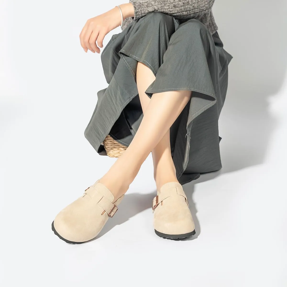 Unixsex Cork Suede Clogs and Mules,Leather Clog Women,Suede Clog Men,Soft Leather Sandal,House Slipper,Skin-Friendly Footbed,Adjustable Buckle,Arch Support