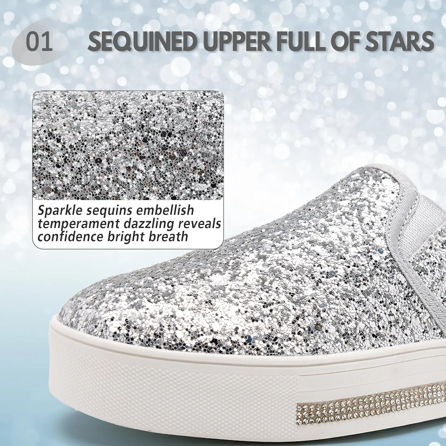 UUBARIS Women's Fashion Loafers Rhinestone Glitter Sneakers Sparkly Tennis Shoes Casual Platform Loafers Bling Slip-on Shoes
