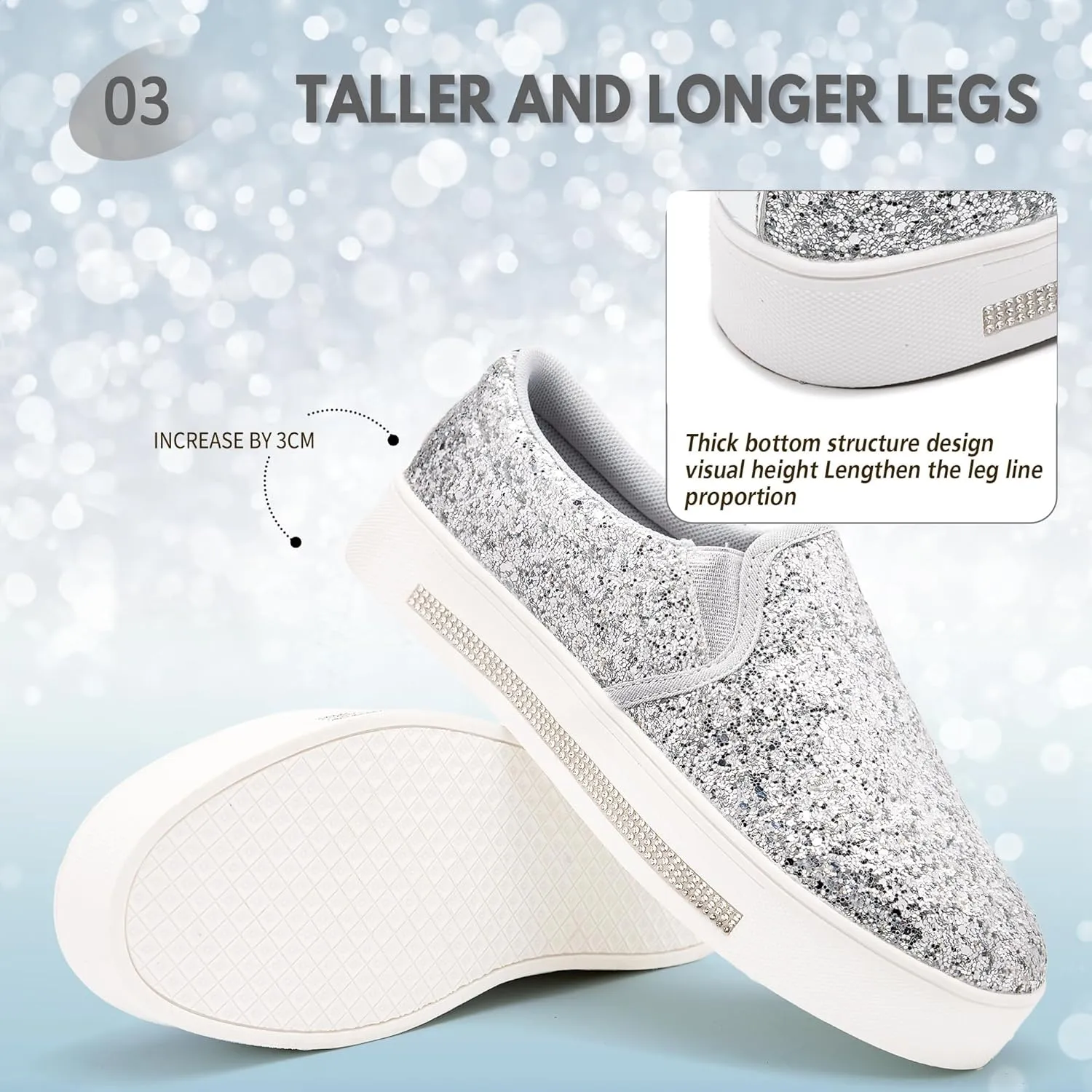 UUBARIS Women's Fashion Loafers Rhinestone Glitter Sneakers Sparkly Tennis Shoes Casual Platform Loafers Bling Slip-on Shoes