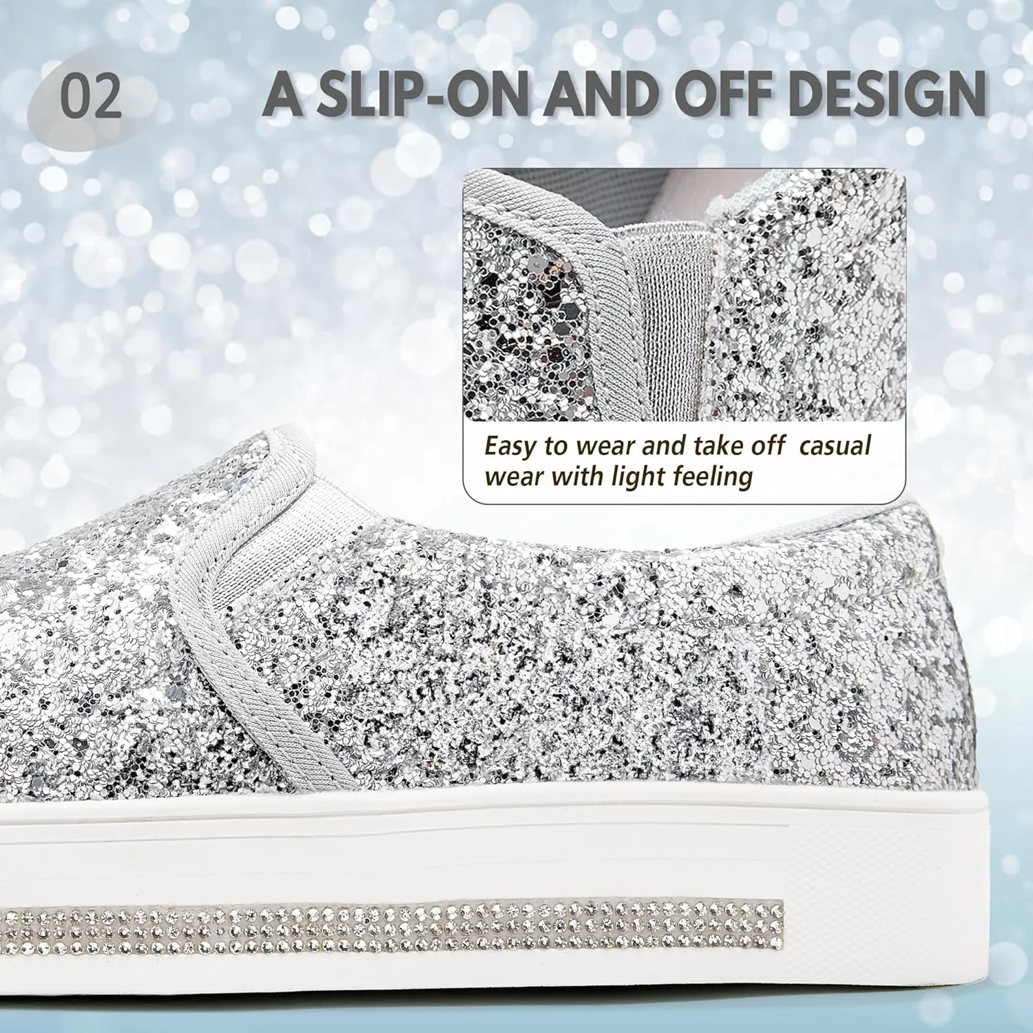 UUBARIS Women's Fashion Loafers Rhinestone Glitter Sneakers Sparkly Tennis Shoes Casual Platform Loafers Bling Slip-on Shoes